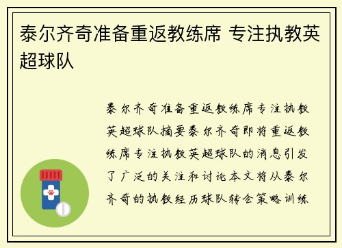 泰尔齐奇准备重返教练席 专注执教英超球队